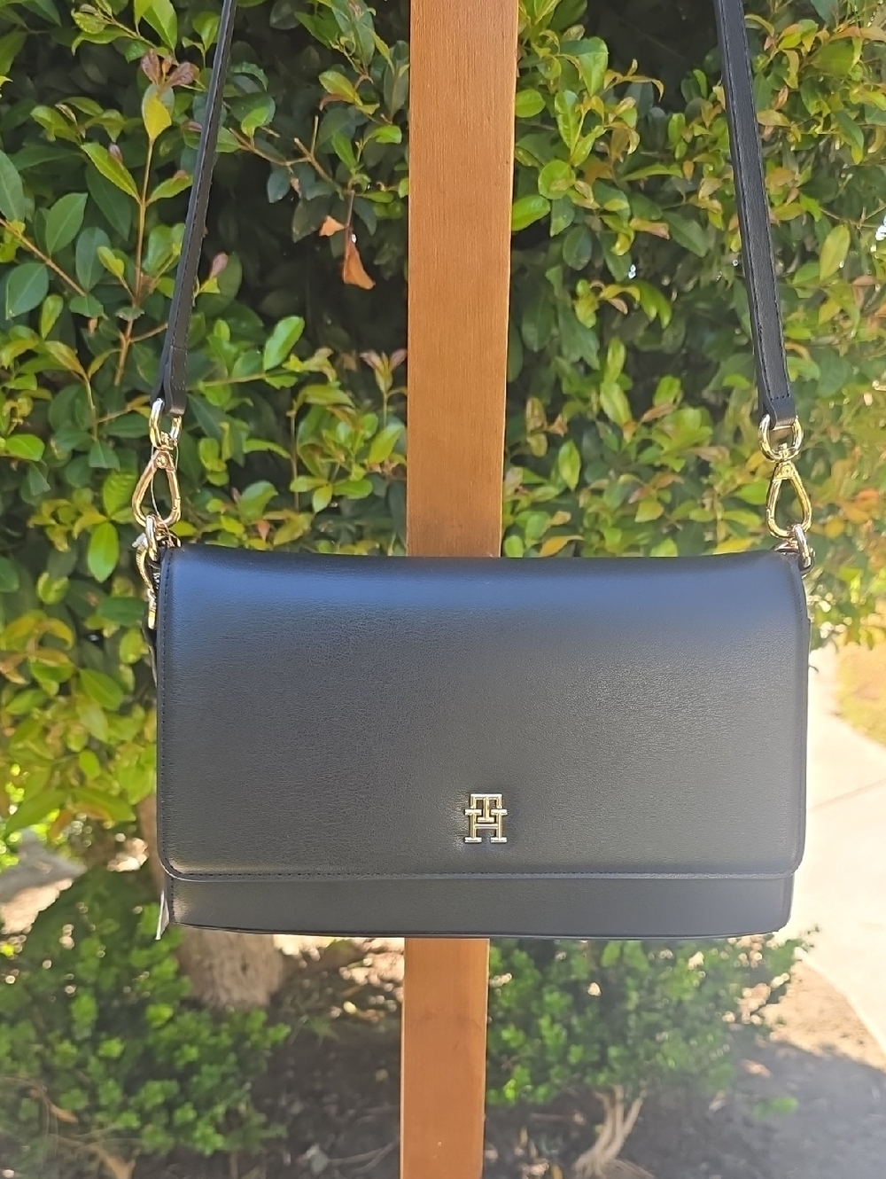 Tommy Hilfiger Black Leather Crossbody with Gold Hardware